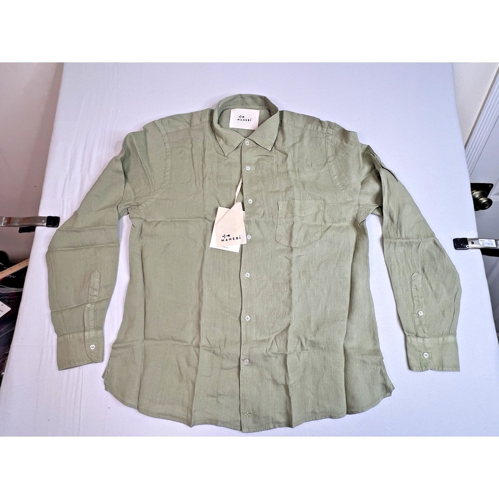 Manebi Men's Washed Linen LS Button-Up Panama Shirt Sage Size‎ XL Made In Italy - Picture 10 of 14
